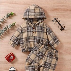 Baby plaid print kangaroos pocket hoodie & sweat pants